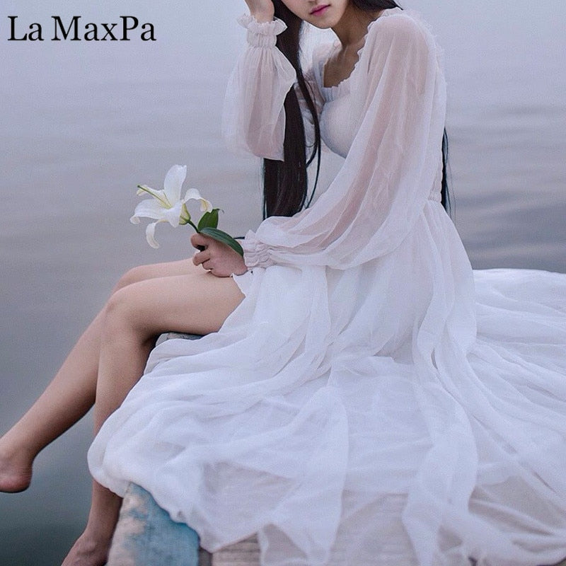 Girls Fairy Chiffon Dress Womens White Dresses Long Lantern Sleeve Fantasy Princess Maxi Elegant High Quality Floor Length Dress