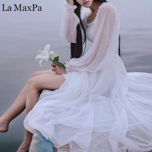 Girls Fairy Chiffon Dress Womens White Dresses Long Lantern Sleeve Fantasy Princess Maxi Elegant High Quality Floor Length Dress