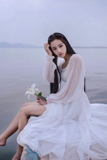 Girls Fairy Chiffon Dress Womens White Dresses Long Lantern Sleeve Fan White Ruffle Maxi Fringed Dress Girls Fairy Chiffon Dress Womens White Dresses Long Lantern Sleeve Fan White Ruffle Maxi Fringed Dress