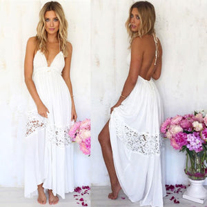 Women Dress 2018S Summer Women Maxi Long Party Sexy Beach Dress Sleeveless Sexy-V White  Dress
