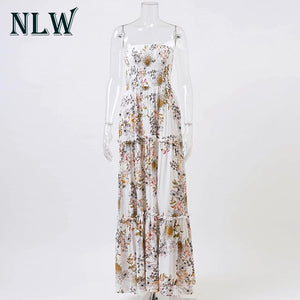 NLW White Floral Print Off Shoulder Dress Ruffles Boho Strapless Summer Beach Maxi Long Dresses Sexy Party Vestidos
