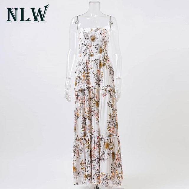 NLW White Floral Print Off Shoulder Dress Ruffles Boho Strapless Summer Beach Maxi Long Dresses Sexy Party Vestidos