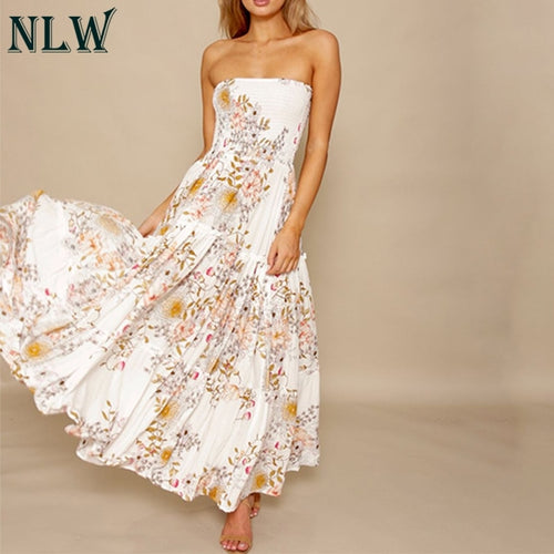 NLW White Floral Print Off Shoulder Dress Ruffles Boho Strapless Summer Beach Maxi Long Dresses Sexy Party Vestidos