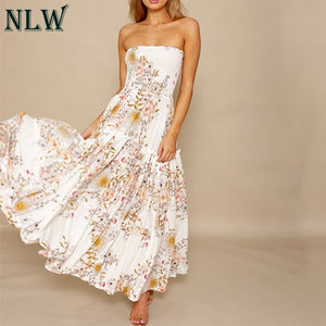 NLW White Floral Print Off Shoulder Dress Ruffles Boho Strapless Summer Beach Maxi Long Dresses Sexy Party Vestidos